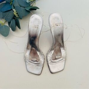Stuart Weitzman Square Toe Clear Strap Lace Up Sandals Heels